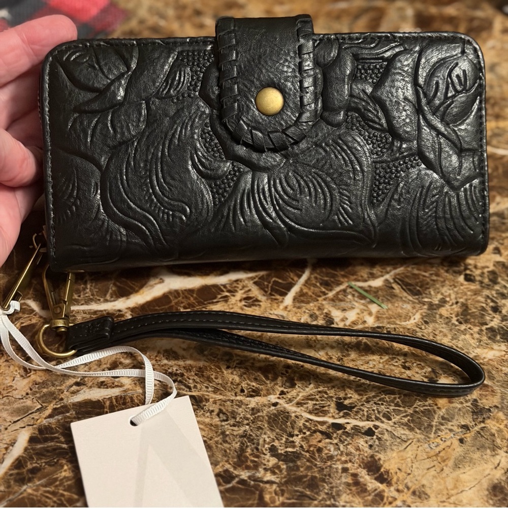 Black Embossed Leather Wristlet with Gold Accents